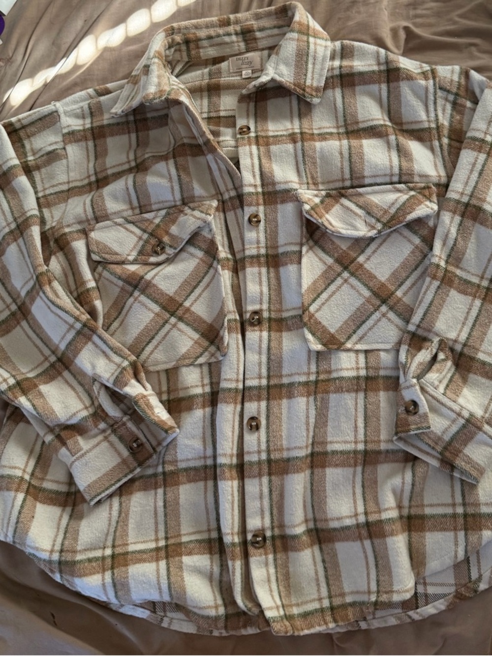 Dizzy Lizzy Plaid Shirt Jacket in Cream, Brown and Olive